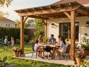 Family enjoying outdoor barbecue under a stylish pergola configurator in a lush backyard