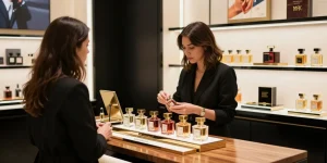 Maison Francis Kurkdjian (MFK) fragrance display in an elegant retail space with personalized customer service.