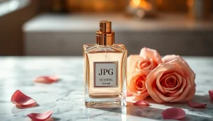 Embodying Jpg Scandal, an elegant perfume bottle with luxurious rose petals.