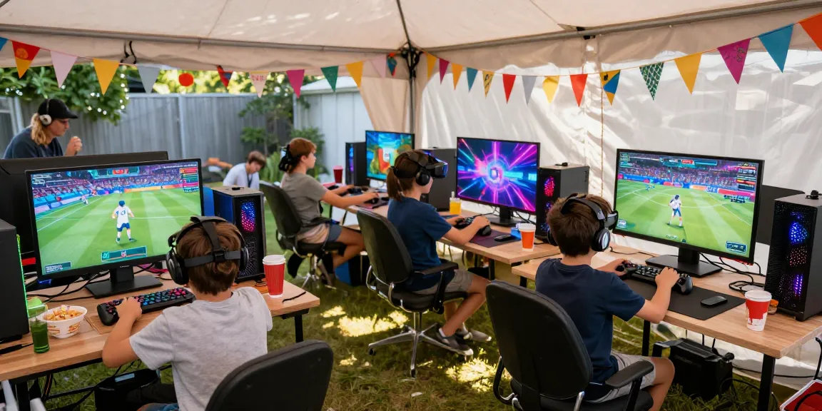 Video gaming party with kids playing in a colorful tent, vibrant atmosphere filled with gaming consoles and VR.