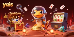 yais casino illustration features a Martian gecko and robot exploring a golden casino, surrounded by vibrant games.