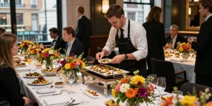 Catering Hire London setup with gourmet dishes and elegant decor at a lively event.