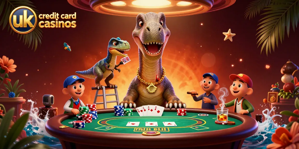 Experience uk credit card casinos with a vibrant 3D illustration showcasing card games and dynamic characters.