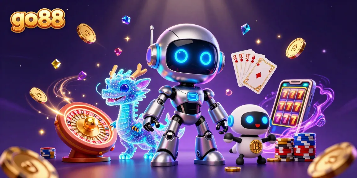 Experience the excitement of go 88 with a vibrant casino scene featuring robots, coins, and slot reels.