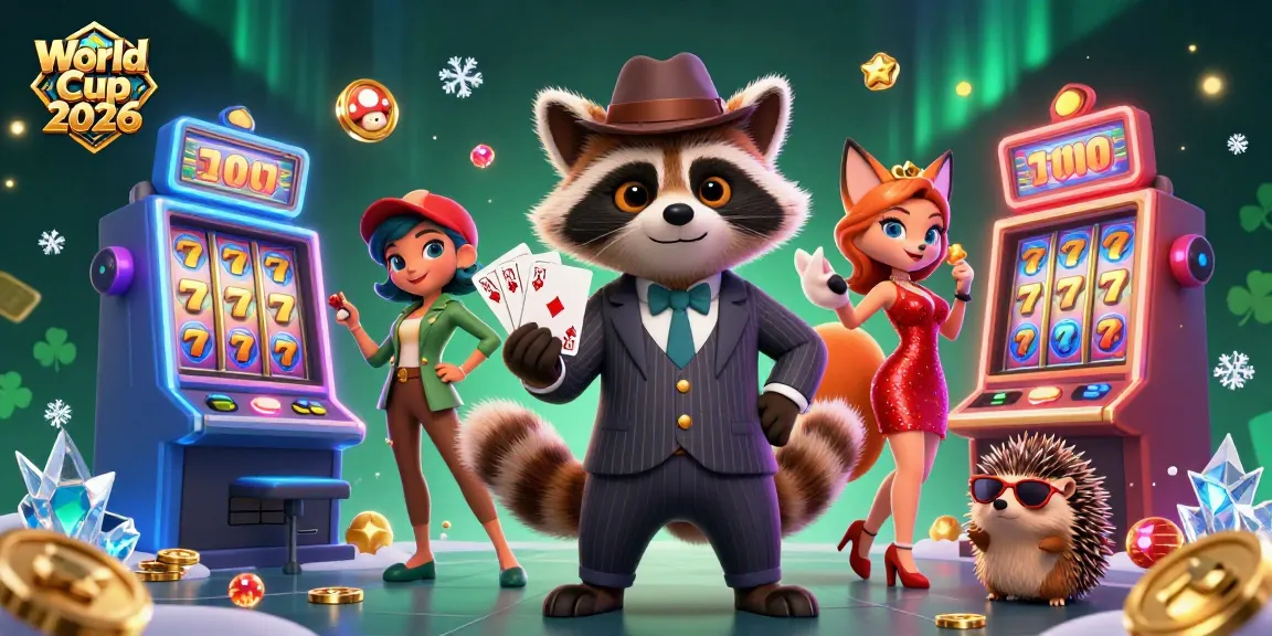 Experience thrilling gameplay at World Cup 2026 with a raccoon holding a royal flush amidst vibrant casino elements.