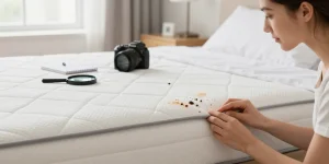Woman inspecting mattress for bed bugs, highlighting essential bed bug pest control techniques in a modern bedroom.