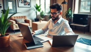 Self-employed professional at a home office, showcasing a productive workspace.