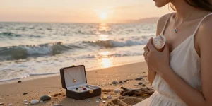 Dainty jewellery UK displayed on a woman at the beach, capturing the ocean's beauty.