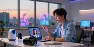 Interactive tech workspace with a young man engaging in conversation with his AI girlfriend.