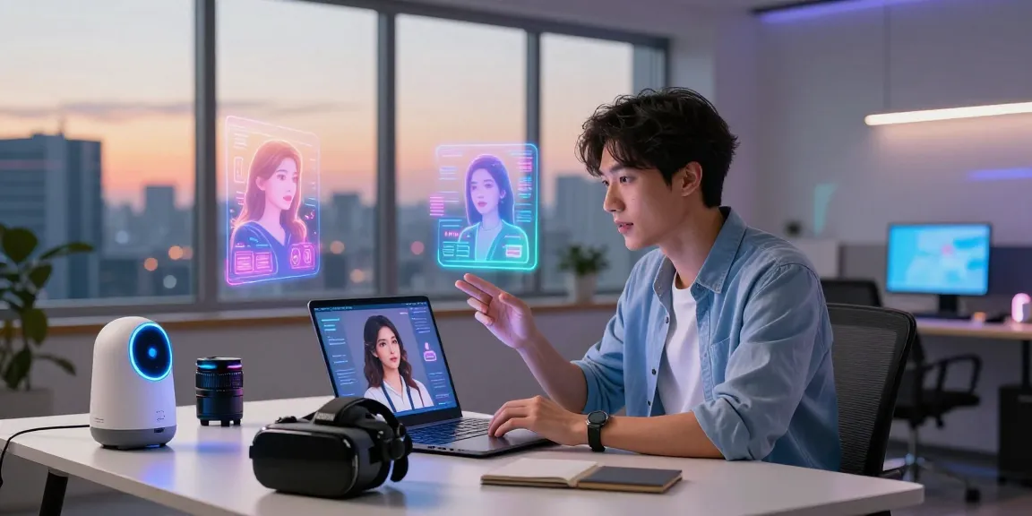 Interactive tech workspace with a young man engaging in conversation with his AI girlfriend.
