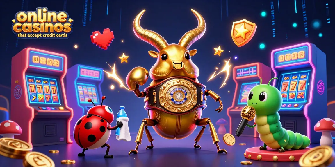 Engaging illustration showcasing online casinos that accept credit cards, featuring a giant stag beetle champion in a vibrant casino scene.