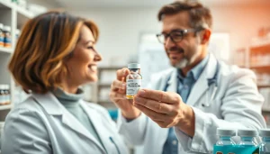 Buy Retatrutide UK with professional pharmacist assisting a patient in a pharmacy.