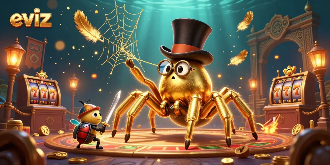 eviz showcases a vibrant casino scene with a golden tarantula and beetle knight amidst slot machines and gold coins.