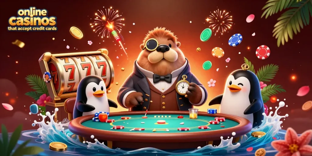 Experience excitement at online casinos that accept credit cards with a fun poker scene featuring a walrus, penguin, and pufferfish.