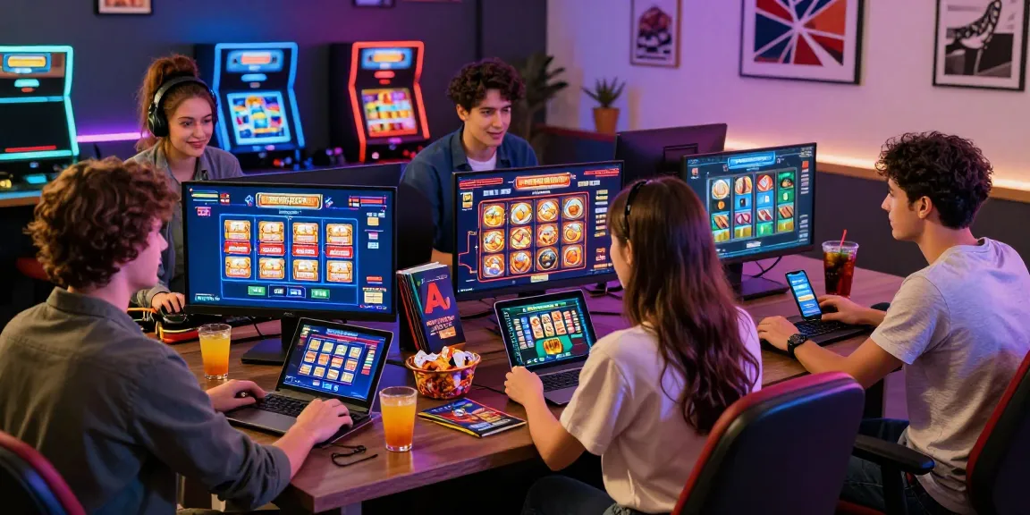 Friends enjoying gaming at credit card casinos, showcasing devices and snacks in a vibrant online casino setting.