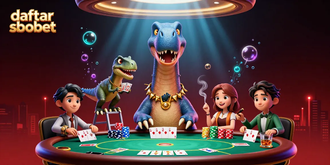 Join the action at daftar sbobet with a vibrant 3D casino illustration featuring a playful dinosaur poker scene.