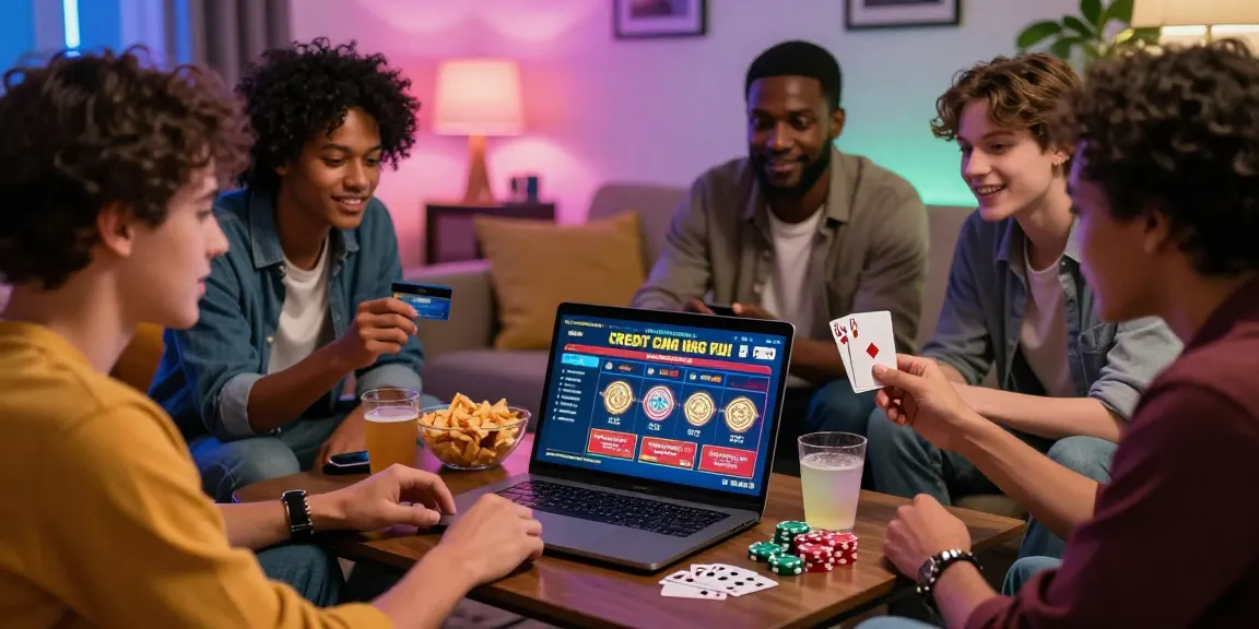 Friends discussing credit card casinos in a cozy living room with a laptop showing exciting games.