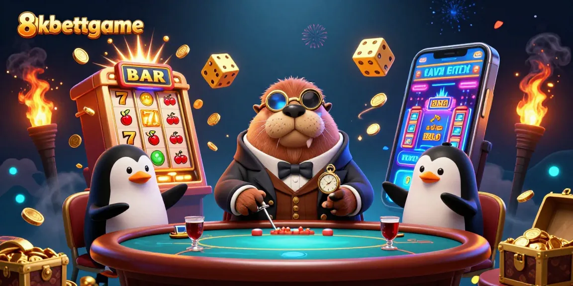 Engage in thrilling games at 8xbettgame with vibrant slot machines, poker tables, and colorful casino atmosphere.
