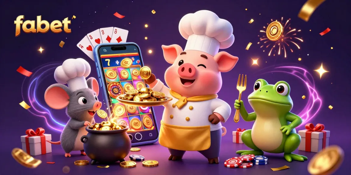 Play exciting casino games with fabet, featuring a chef pig serving gold coins in a vibrant 3D casino scene.