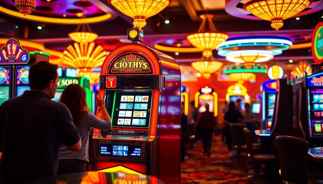 Main slot machine with vibrant lights menarik perhatian pengunjung pgbet slot di kasino.