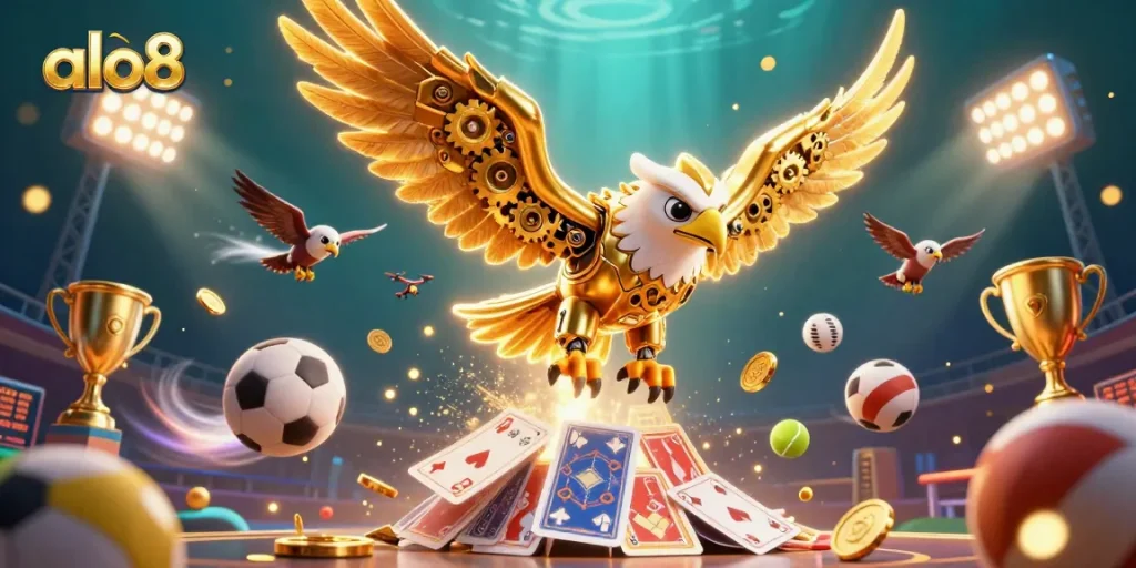 Experience the thrilling gameplay of alo8 with vibrant 3D animations of sports and casino elements.