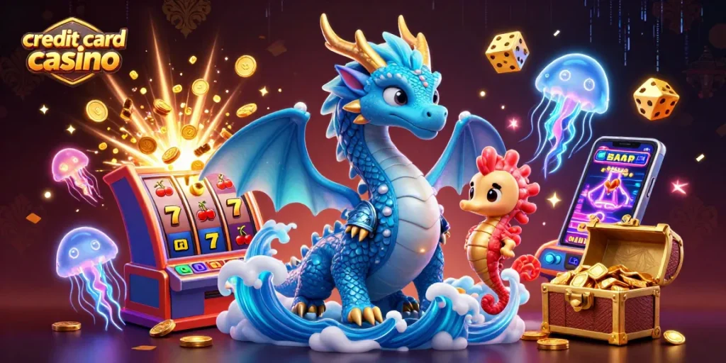 The stunning scene showcases a credit card casino adventure with a water dragon, coral-armored seahorse, and neon jellyfish surrounding a jackpot slot machine.