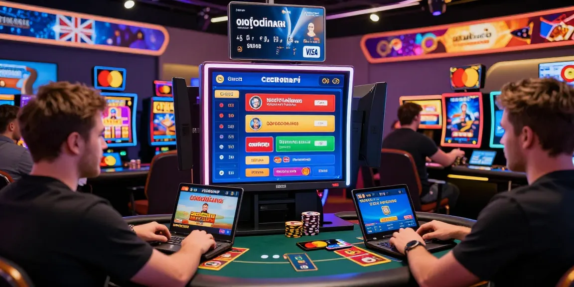 Engaged UK players exploring credit card casinos at https://cullengolfclub.co.uk/ with vibrant game displays and promotional banners.