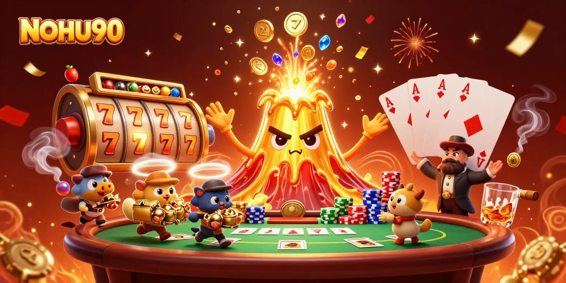 Experience the thrill of NOHU90 with a playful 3D volcano erupting treasure and vibrant slot reels.