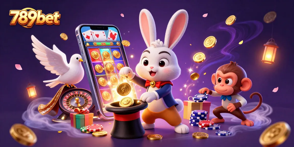 Win with 789bet while watching a 3D magician rabbit pull coins and poker chips in a dynamic casino scene.