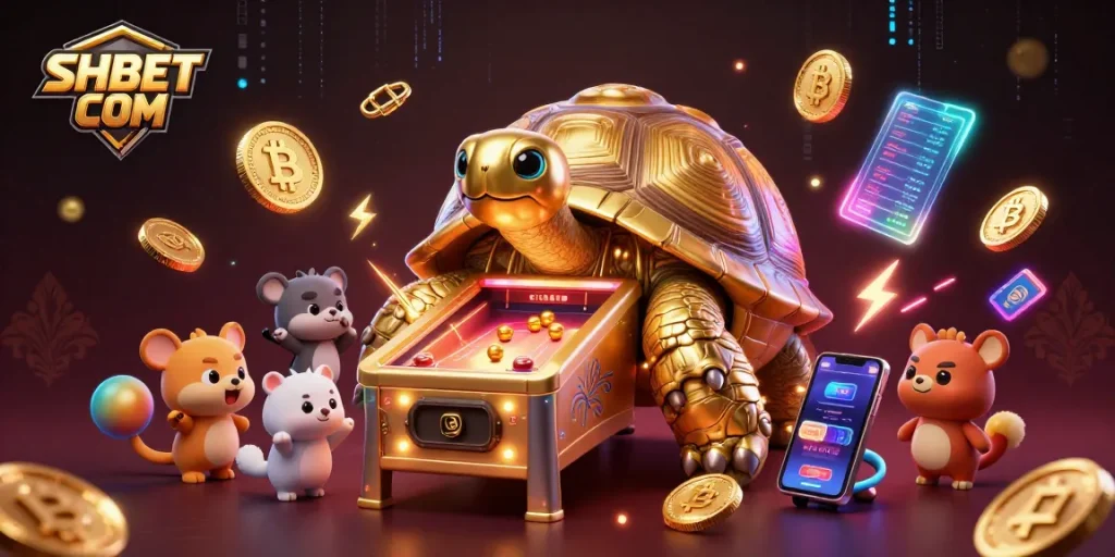 Experience the excitement of SHBET COM with lively golden tortoise and vibrant crypto elements!