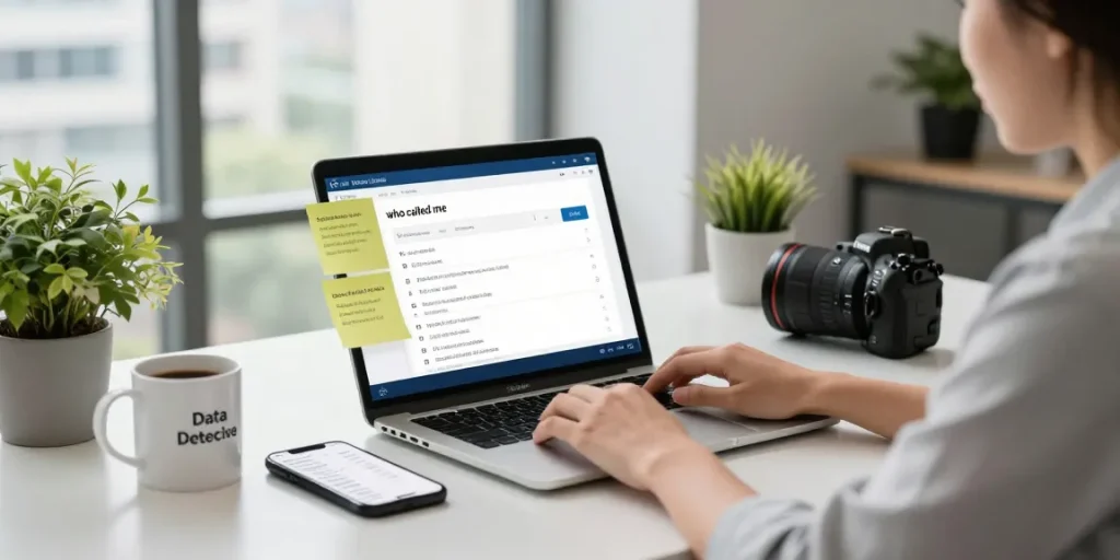 Using the "who called me" lookup tool on a laptop at a modern workspace for identifying unknown callers.
