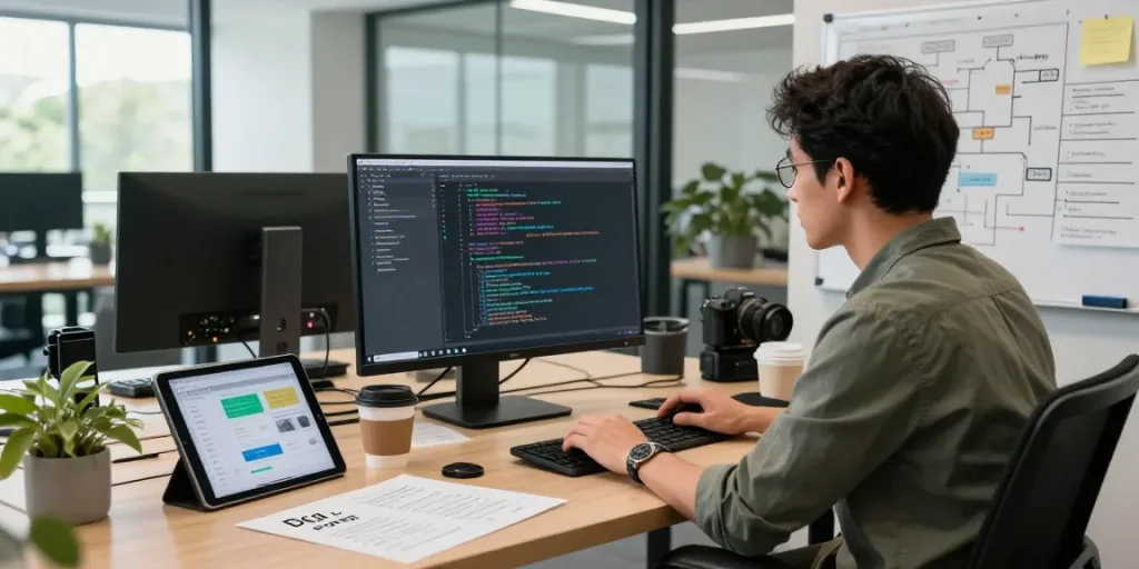 Developer working with beta tools on a large monitor, surrounded by tech gadgets, notes, and a modern office setting.