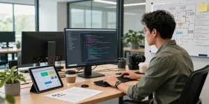 Developer working with beta tools on a large monitor, surrounded by tech gadgets, notes, and a modern office setting.