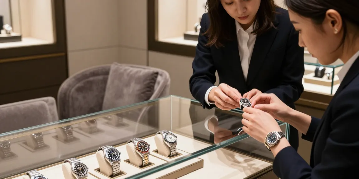 Luxury boutique display illustrating high-quality replica watches, including Rolex and Audemars Piguet, showcasing refined craftsmanship and elegance.
