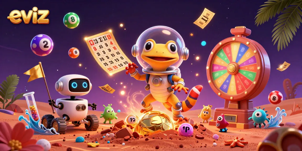 eviz showcases a vibrant casino universe, featuring a Martian gecko and colorful lottery elements