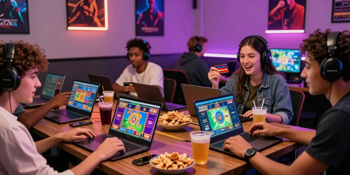 Friends engaging at a credit card casino with vibrant game displays and snacks, showcasing the lively atmosphere of online gaming.