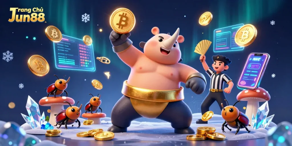 Win big with Trang Chủ Jun88's vibrant casino atmosphere featuring colorful characters and glowing coins.
