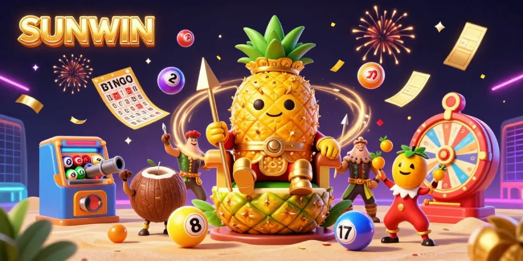 SUNWIN's vibrant beach casino scene with a golden pineapple king, lottery balls, and joyful jester, celebrating winnings.
