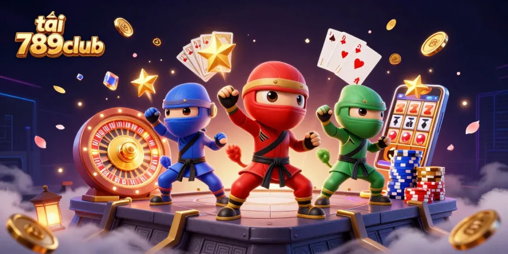 Experience the thrill of gaming with tải 789club as three ninja chameleons shine in a vibrant casino scene.