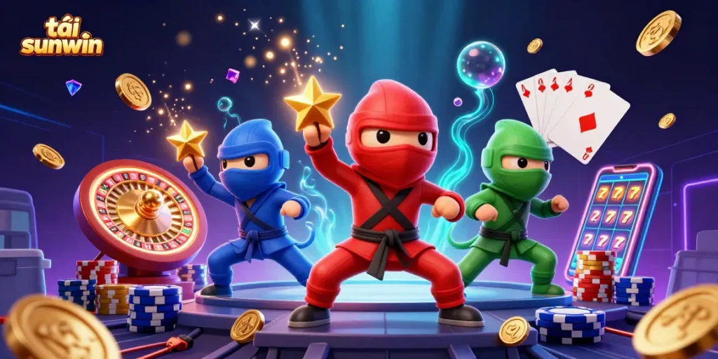 Experience the excitement of tải sunwin with a dynamic illustration of dancing chameleons in a vibrant casino setting.