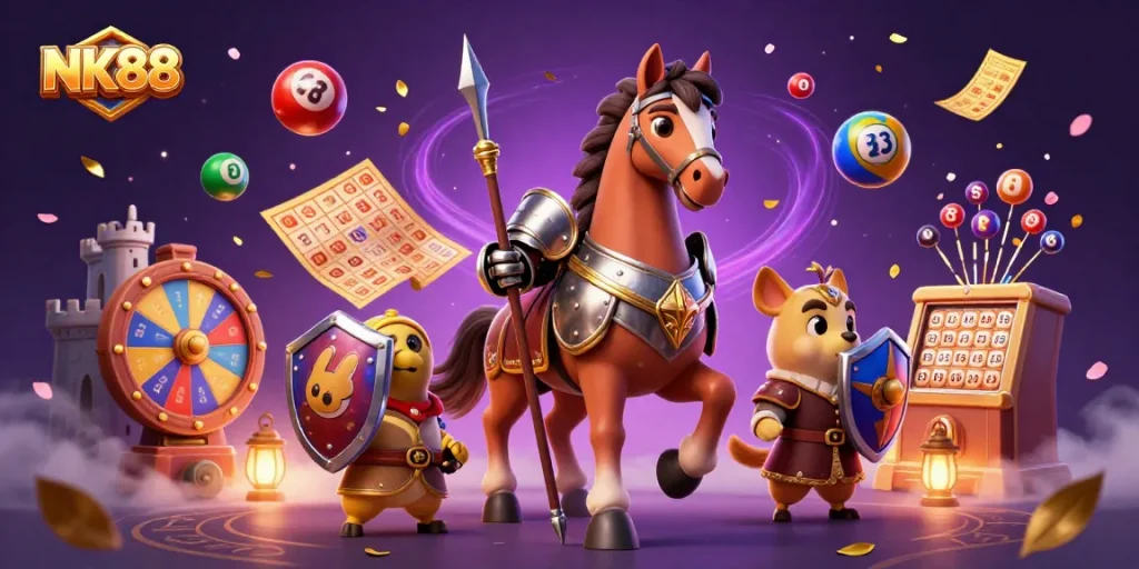Experience the excitement at NK88 with a dynamic 3D casino scene showcasing a medieval knight and whimsical characters amidst colorful gambling elements.