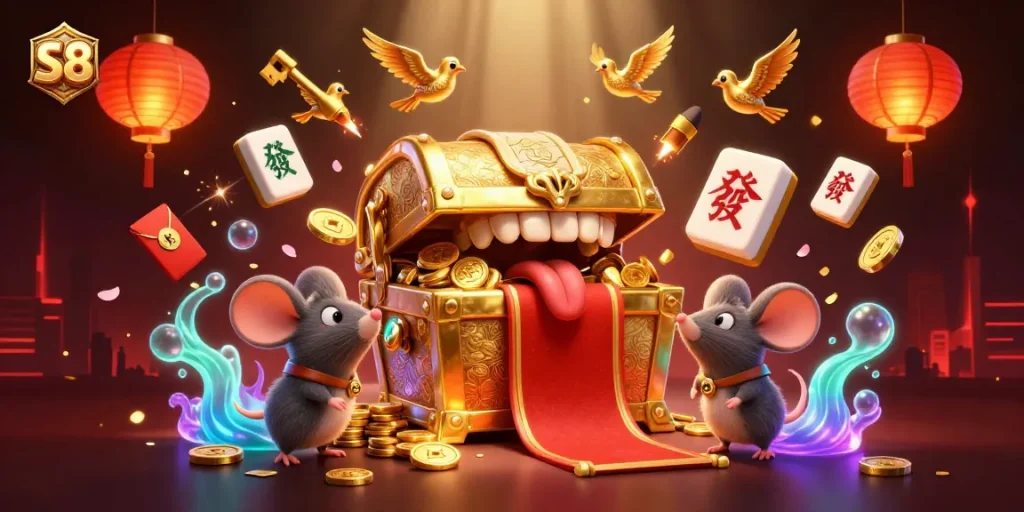 S8 engages players with a dynamic casino scene filled with golden treasures and vibrant energy.
