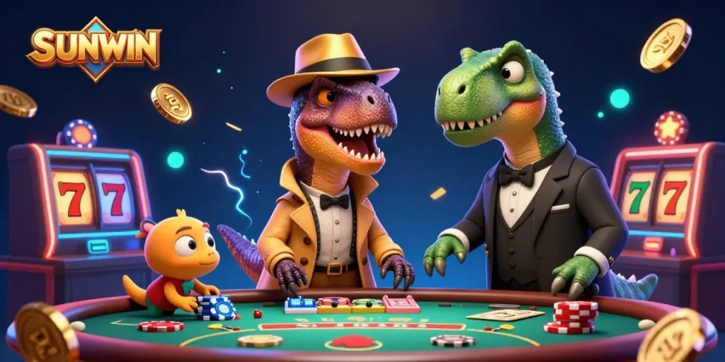 SUNWIN showcases a vibrant scene with a sneaky velociraptor at a blackjack table amidst flying chips and a watchful pit boss.