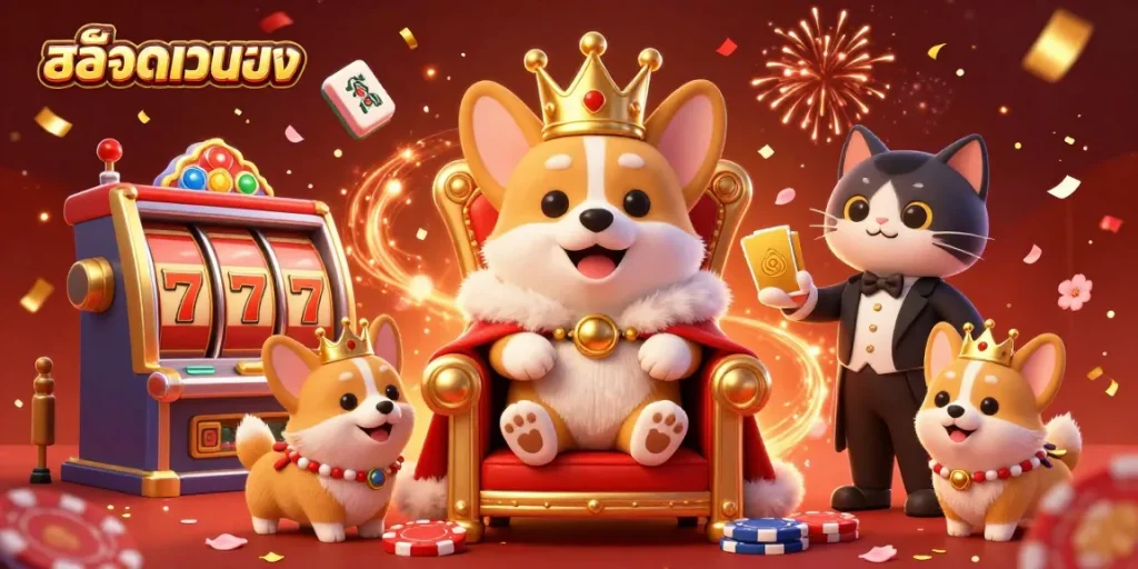 Experience สล็อตเว็บตรง thrills with a royal corgi and cat butler amid festive casino elements!