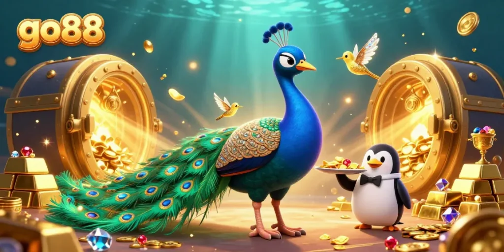 Experience the excitement of go88 as the luxurious characters celebrate amidst golden treasures.