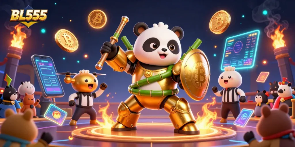 Experience thrilling gaming with BL555, where a golden panda battles in a casino arena.