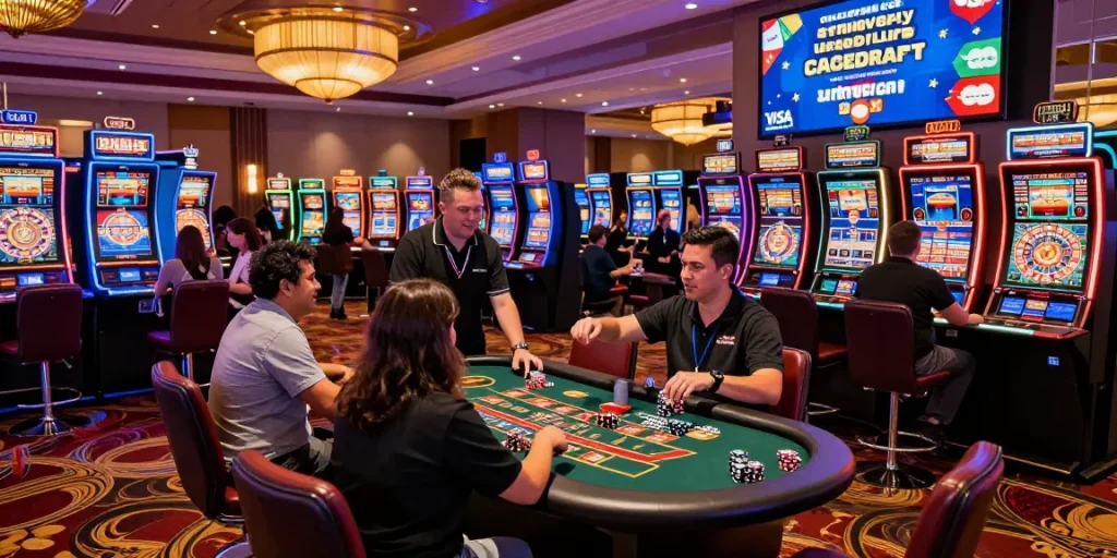 Vibrant casino atmosphere showcasing diverse players at card tables, emphasizing casinos that accept credit cards like Visa and Mastercard.