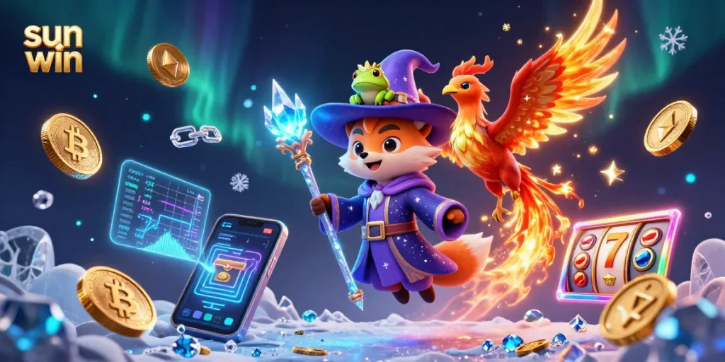 Experience the thrill of sun win with a magical casino adventure featuring a wizard fox, phoenix, and crypto elements.
