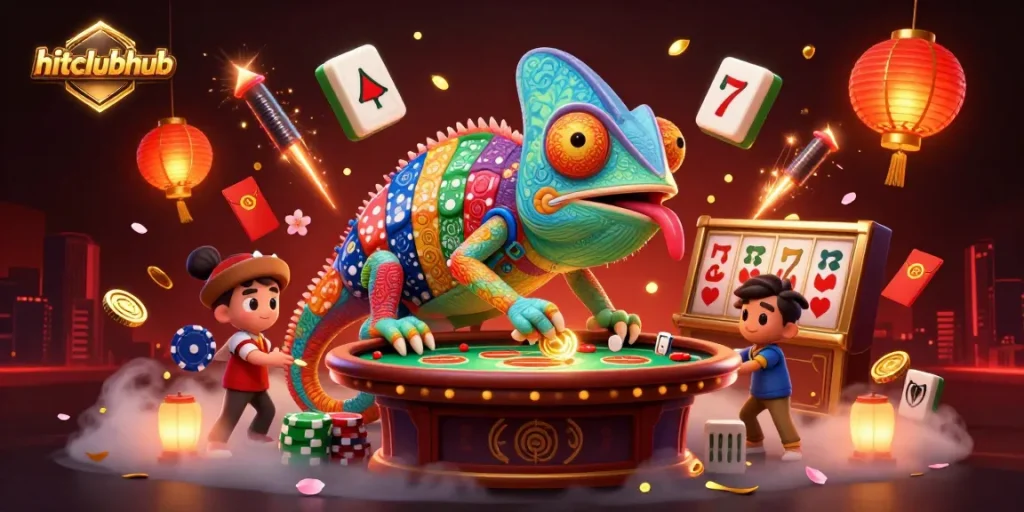 Experience the thrill of hitclubhub as the chameleon casino owner captures golden coins in a vibrant 3D casino scene.
