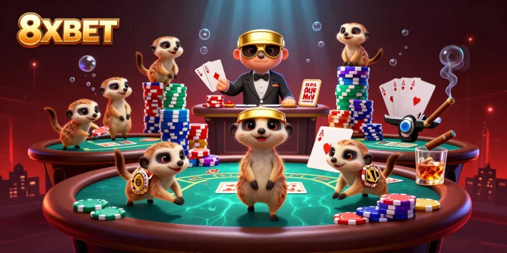 Play poker and win big at 8XBET with a thrilling 3D meerkat casino scene.